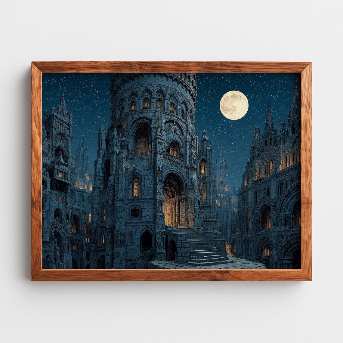 Moonlit Gothic Cathedral Poster Night Sky Full Moon Dark Architecture Art