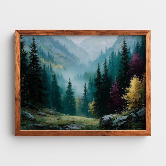 Misty Mountainside Forest Morning Light Pine Valley Oil Painting Poster