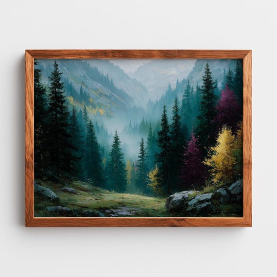 Mountainside Forest In Morning Light Lush Green Trees Tranquil Scene Nature Wall Art Misty Landscape Rustic Decor Print 286