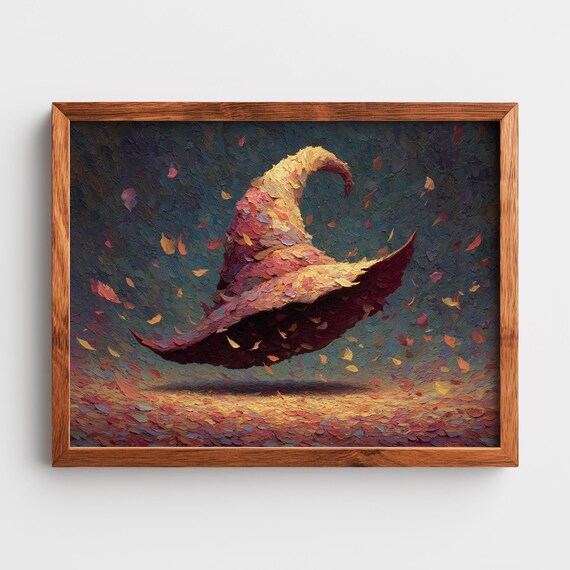 Surreal Oil Painting Of Floating Witchs Hat Swirling Autumn Leaves Magical Wall Art Rustic Halloween Decor 116