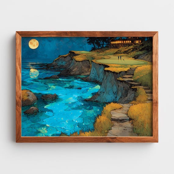 Moody Coastal Golf Green Art Dramatic Seaside Water And Rock Scene Watercolor Oil Hybrid Landscape Wall 300