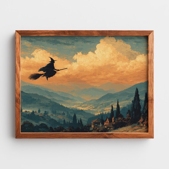 Spooky Witch Flying Over Mountains Halloween Art Ghostly Autumn Scene Moody Landscape Decor Vintage Wall Print 132