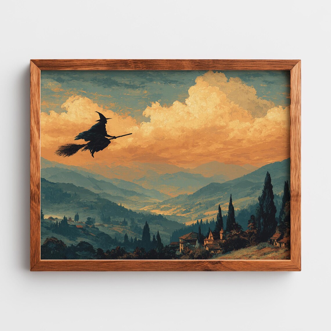 Flying Witch Silhouette Autumn Mountains Sunset Scene Art Poster