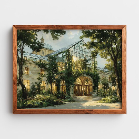 Vintage Clubhouse Painting Charming Historic Architecture Lush Greenery Ivy Facade Wall Art Decor 261
