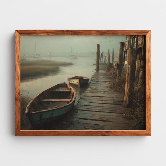 Moody Dockside Morning Scene Rustic Rowboats In Fog Tranquil Waterfront Atmosphere Painterly Art Wall Decor 245