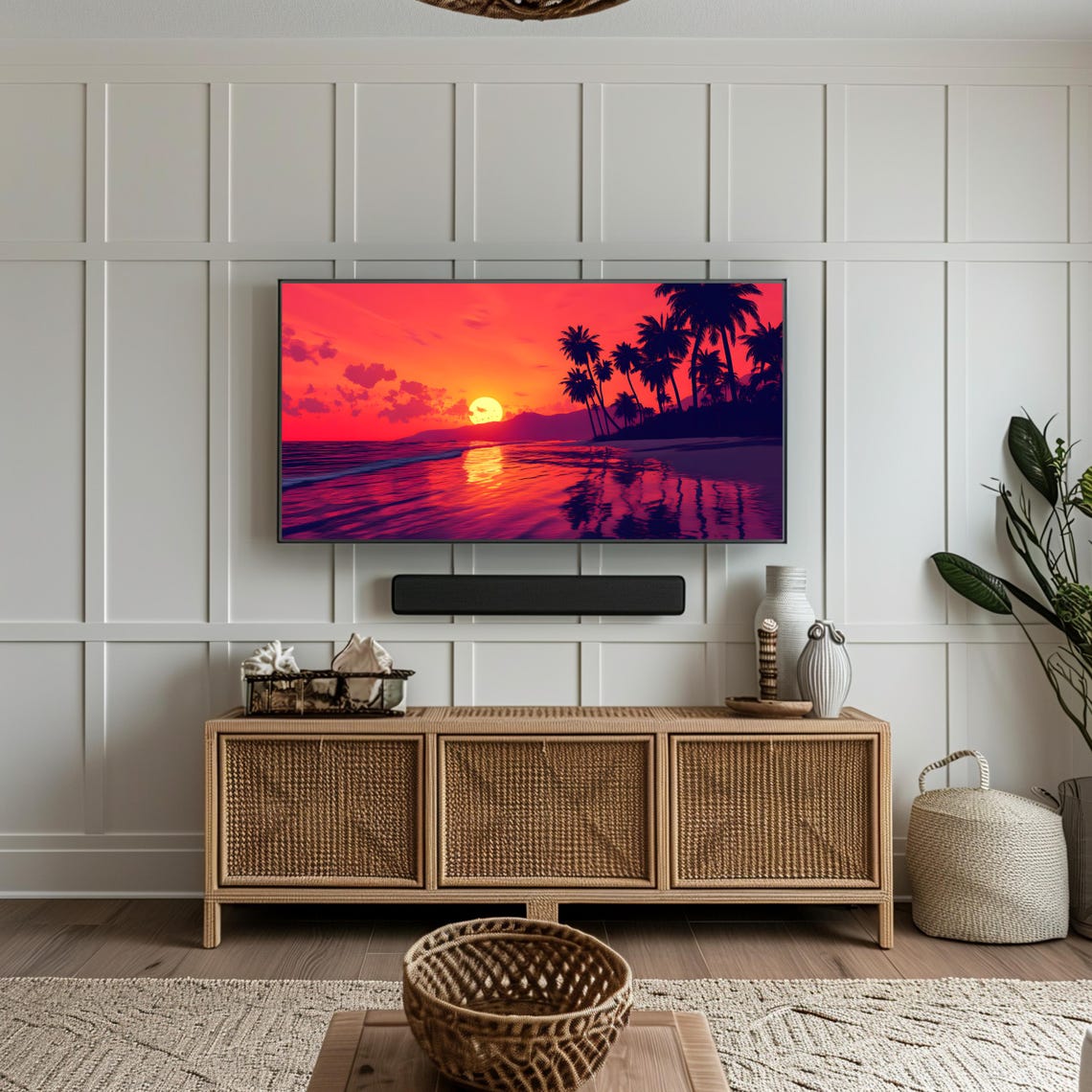 Tropical Sunset Beach Palm Silhouette Vivid Ocean Waves Art Poster - Image 3