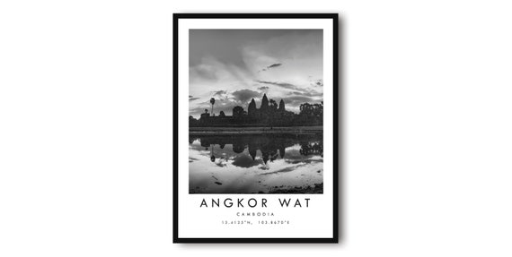 Angkor Wat Travel Print, Black And White Minimalist