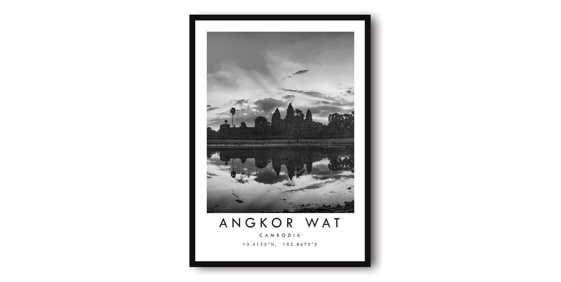 Angkor Wat Travel Print, Black And White Minimalist