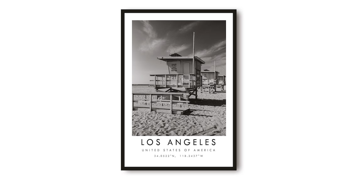 Los Angeles Travel Print, Black And White Santa Monica