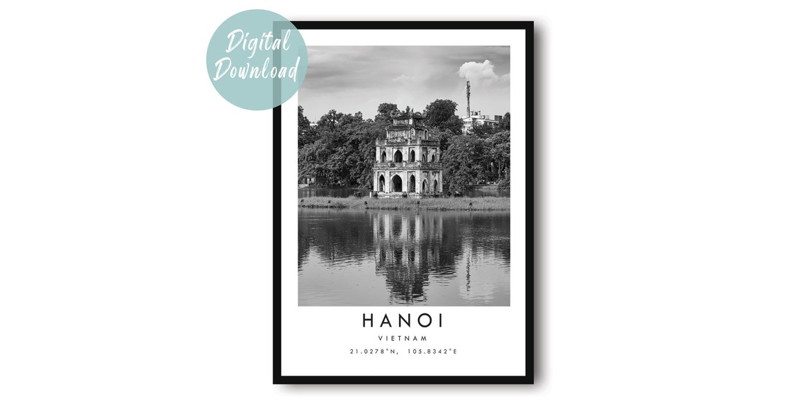 Hanoi Turtle Tower Reflected in Hoan Kiem Lake Black and White Poster