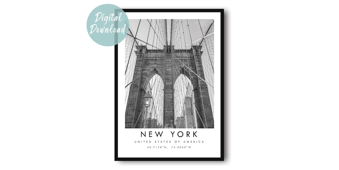 New York Brooklyn Bridge Tower Black And White City Photo Poster