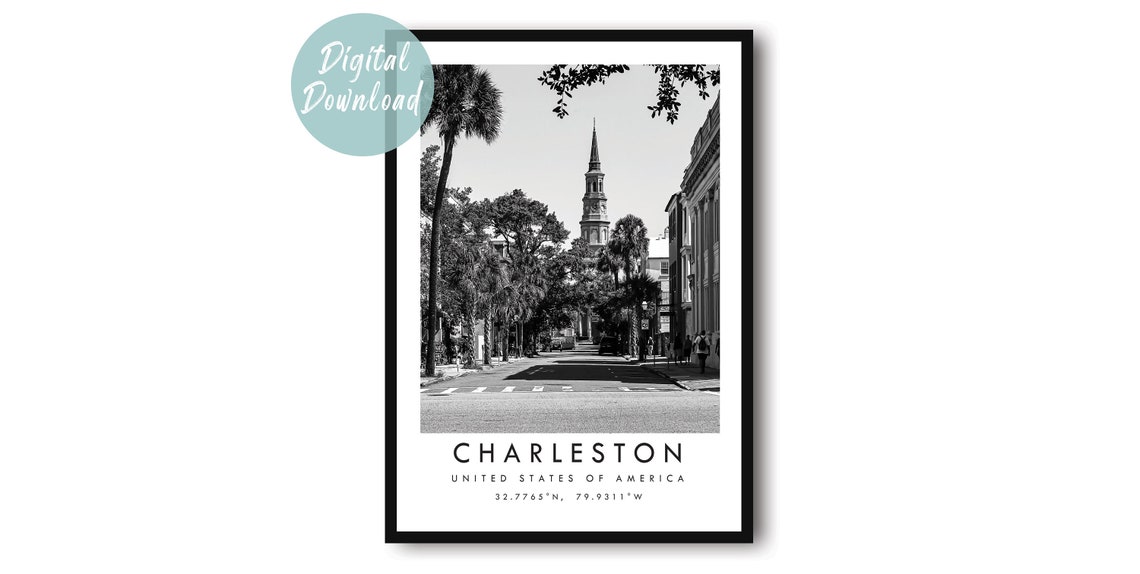 Charleston Street Palm Trees Steeple Black and White Travel Poster