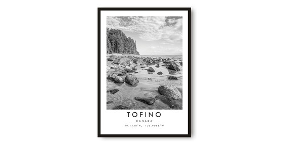 Tofino Canada Black White Rocky Beach Coast Coordinates Poster