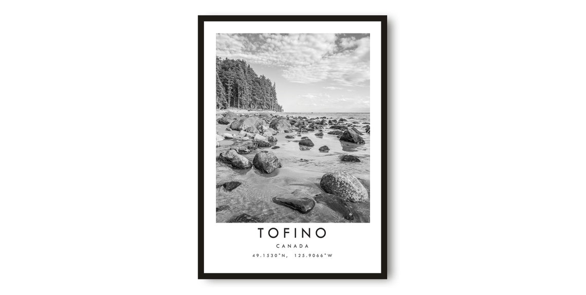Tofino Canada Black White Rocky Beach Coast Coordinates Poster