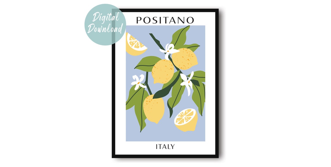 Positano Lemon Branch with White Blossoms Botanical Art Poster
