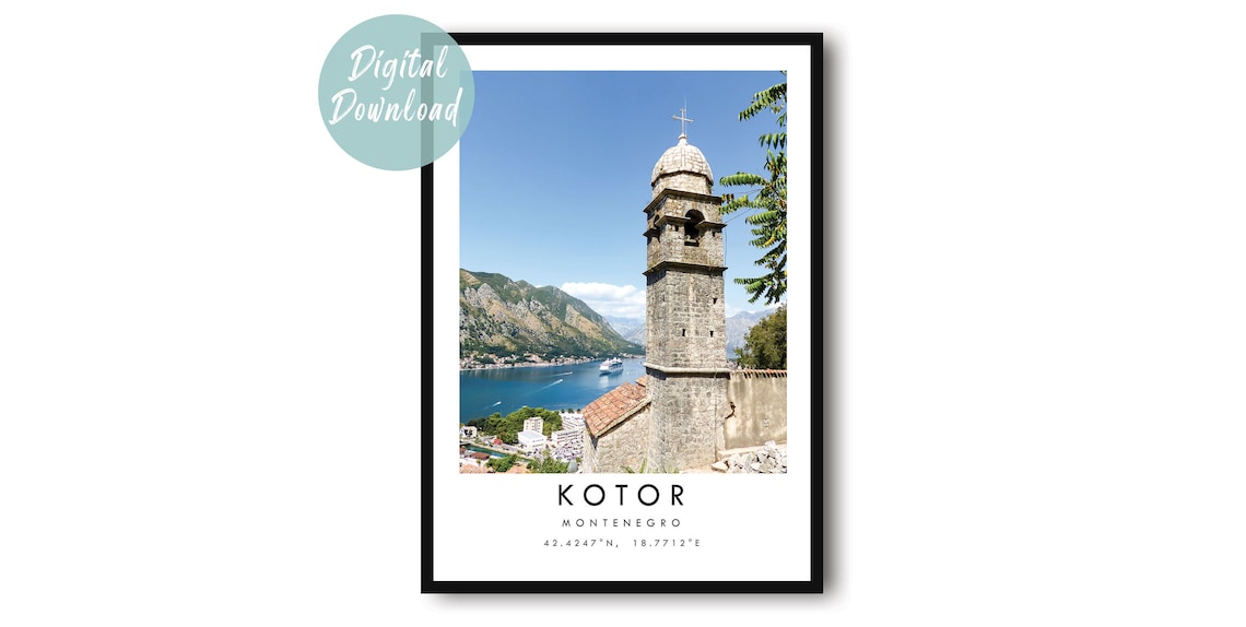 Kotor Bay Stone Church Tower Overlooking Water Color Photo Poster