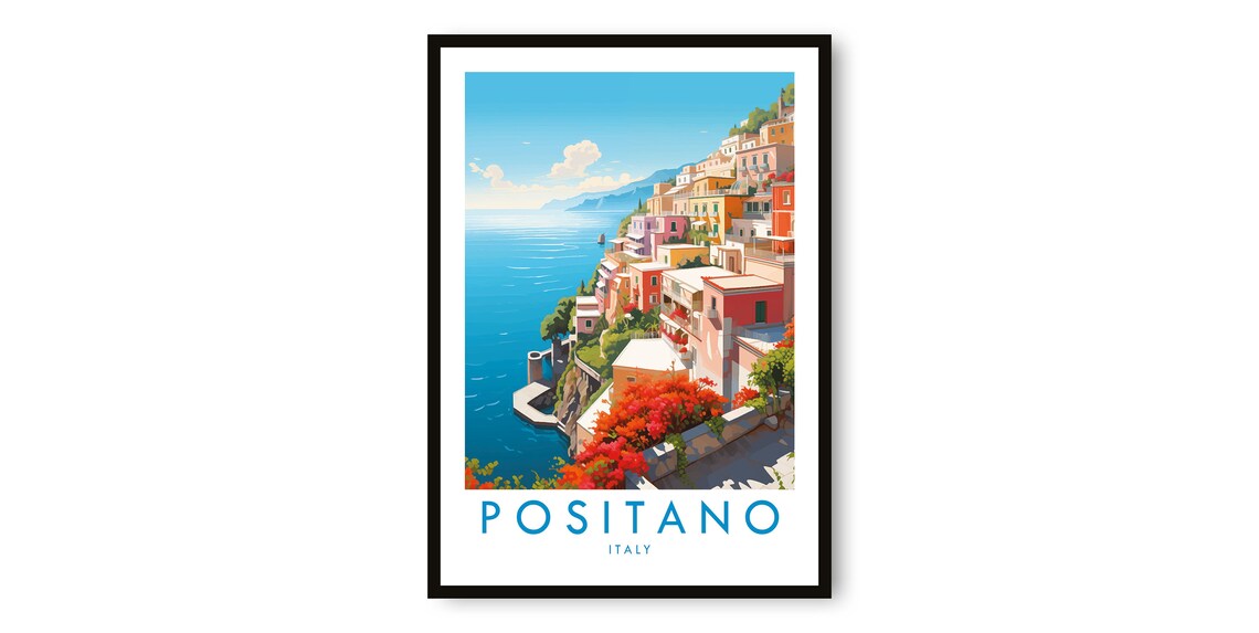 Positano Italy Amalfi Coast Cliffside Houses Colorful Travel Poster