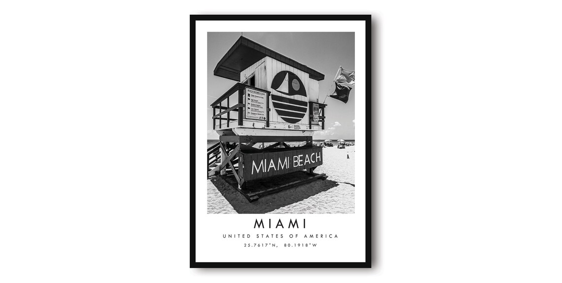 Miami Beach Minimalist Travel Poster, Black And White