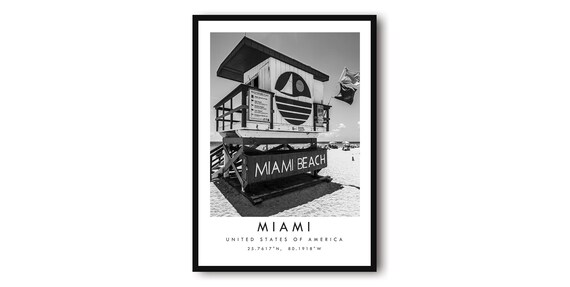 Miami Beach Minimalist Travel Poster, Black And White