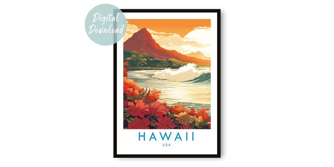 Hawaii Volcano Ocean Waves Tropical Flowers Vintage Style Art Poster