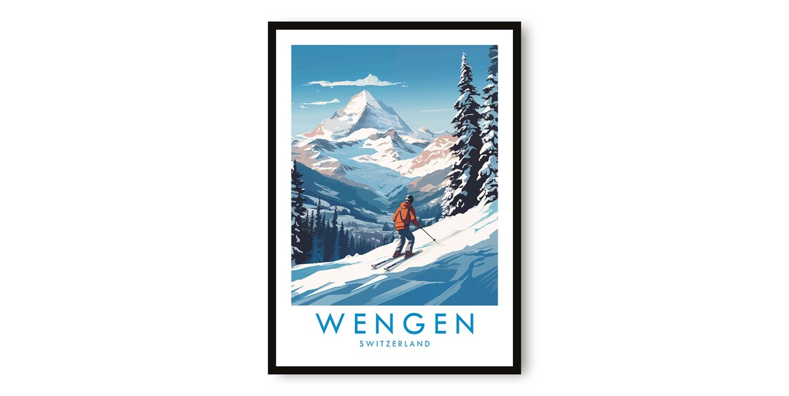 Wengen Switzerland Ski Poster Through Snowy Pines to the Peak