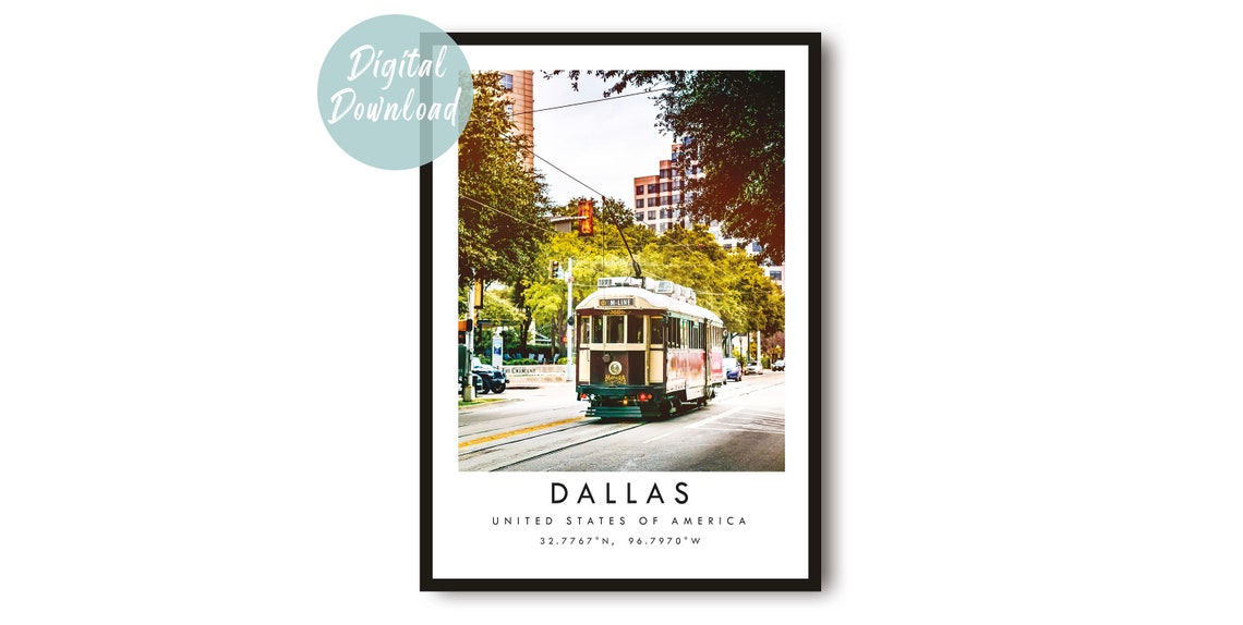 Dallas Texas Vintage Trolley Tree Lined Street City Travel Poster