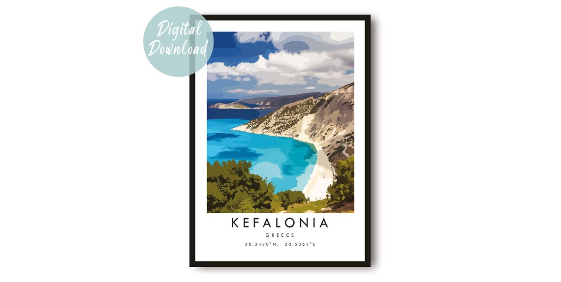 Kefalonia Turquoise Bay White Beach Colorful Travel Art Poster