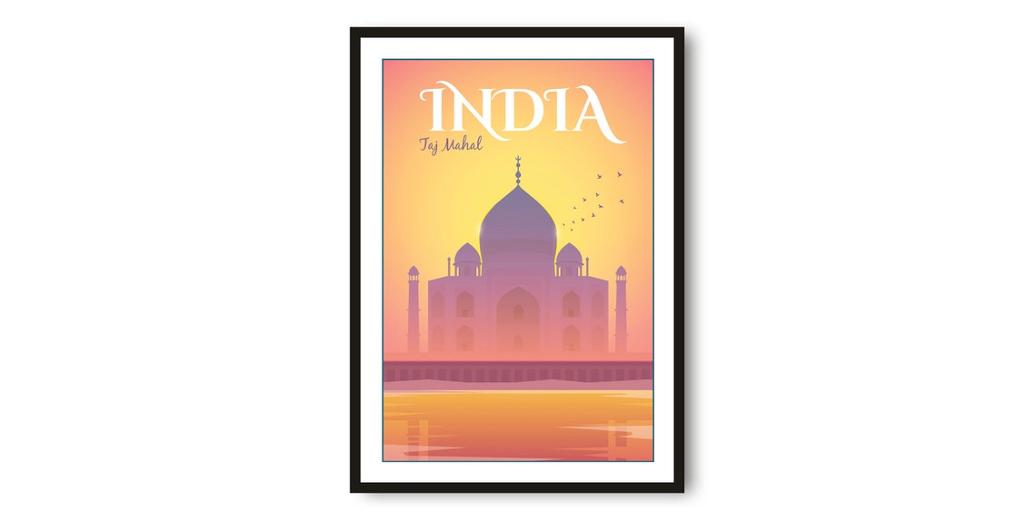India Taj Mahal Sunset Silhouette Romantic Landmark Travel Poster