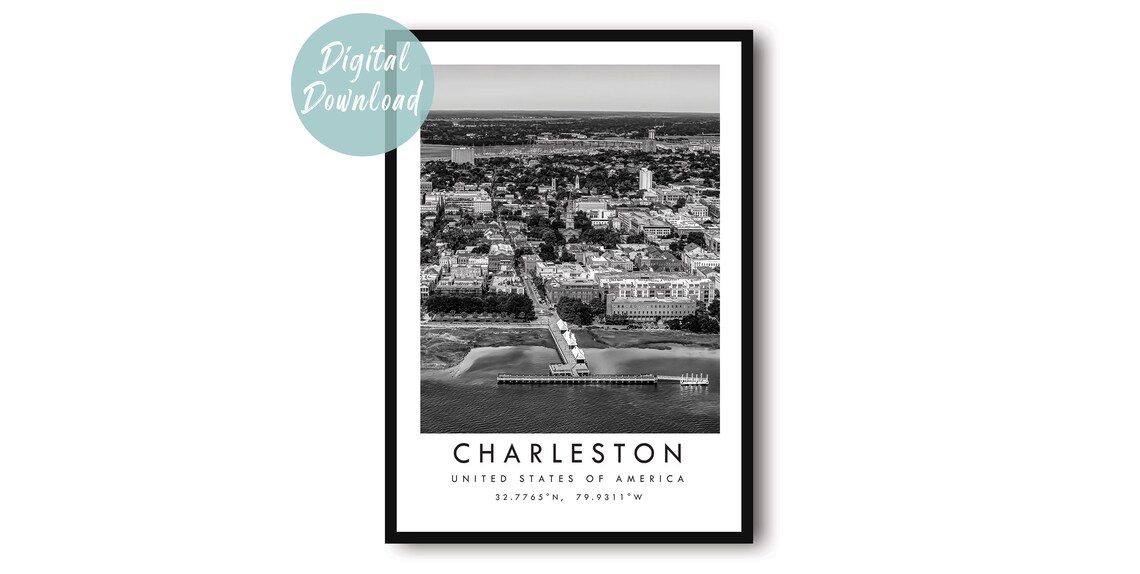 Charleston Aerial Harbor View City Grid Black and White Travel Poster