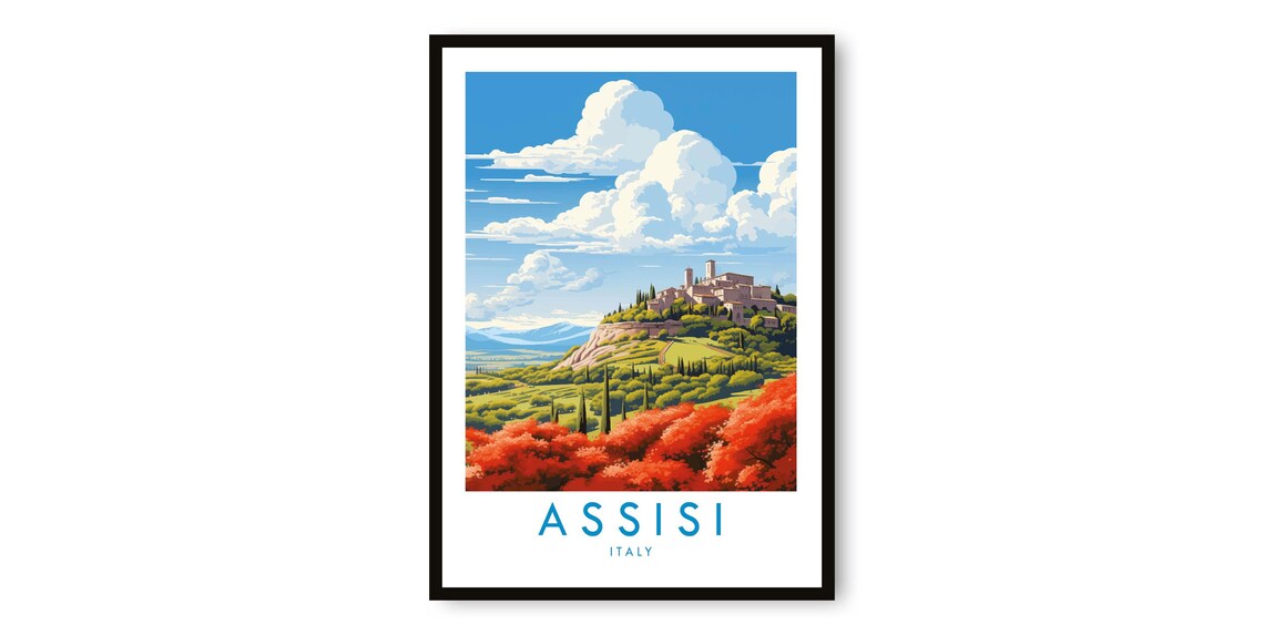 Assisi Italy Travel Poster Hilltop Town Cypress Olive Grove Hills Art