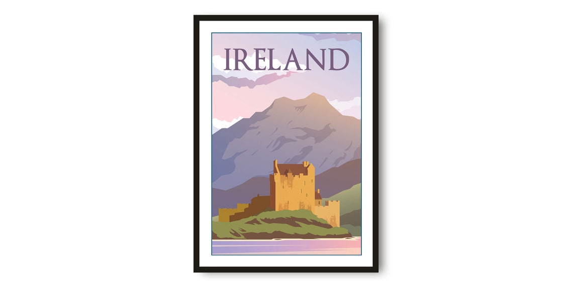 Ireland Lakeside Castle Mountain Sunset Minimalist Travel Poster