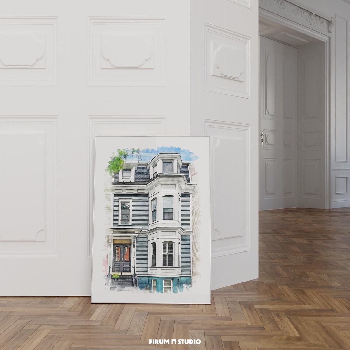 New Town House Watercolor Portrait, Art Print