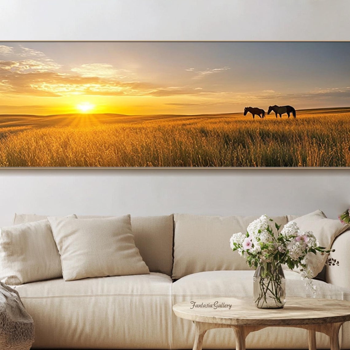 Golden Sunset Horses in Wheat Field Panoramic Landscape Oil Painting