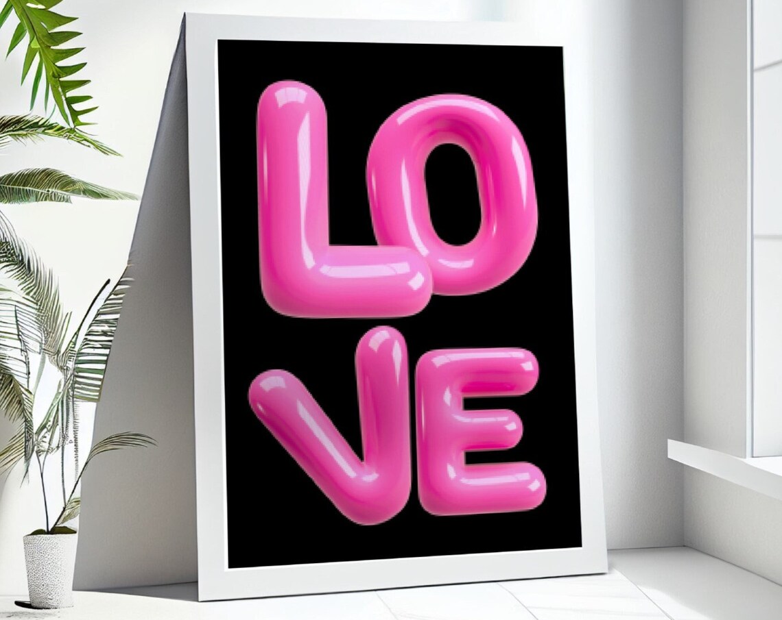 Love 3D Bubble Letters Pink Y2K Trendy Black Balloon Wall Poster - Image 3