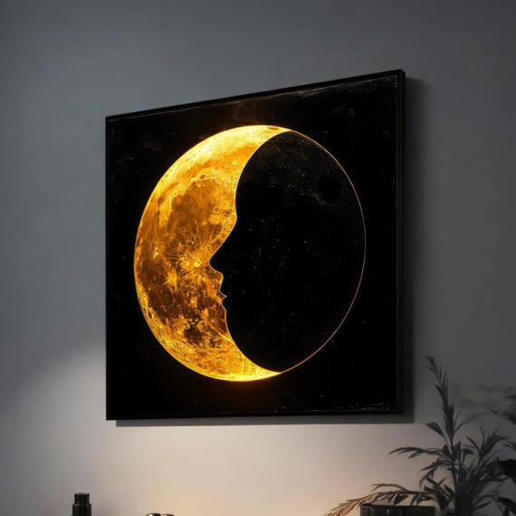 Golden Crescent Moon Art With Silhouette Face Celestial Wall Dcor For Modern Spaces