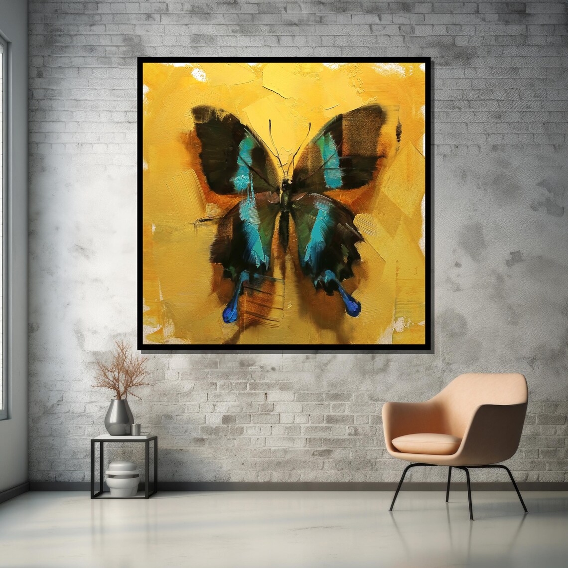 Striking Teal Butterfly on Golden Yellow Abstract Poster for Bedroom - Image 5