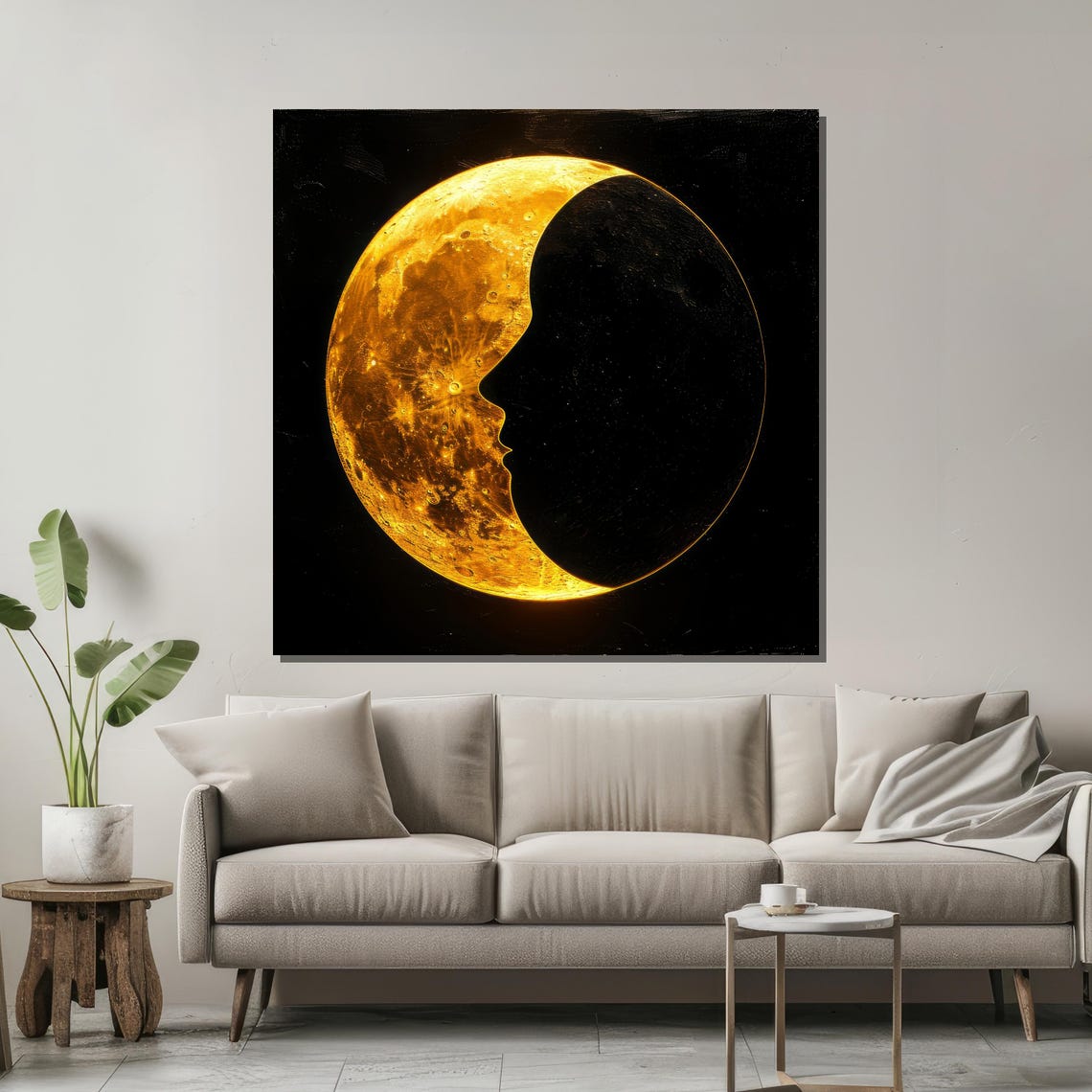 Golden Crescent Moon Art With Silhouette Face Celestial Wall Dcor For Modern Spaces - Image 2