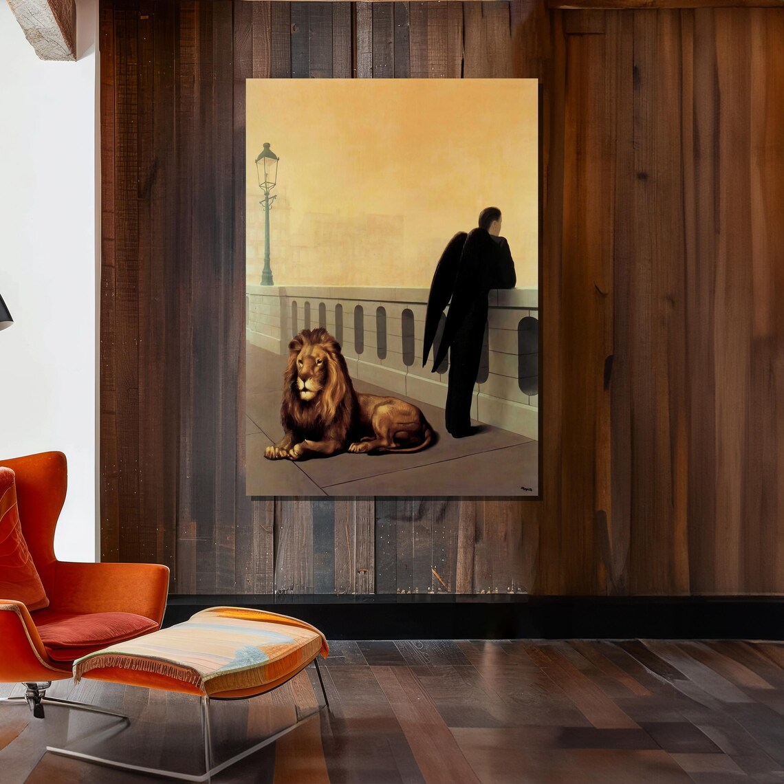 Surreal Dark Winged Angel Beside Lion On Foggy Bridge Poster - Image 2