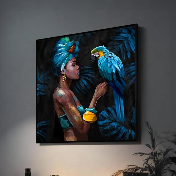 Elegant Afrocentric Wall Art African Woman With Tropical Parrot Bold For Modern Home Decor