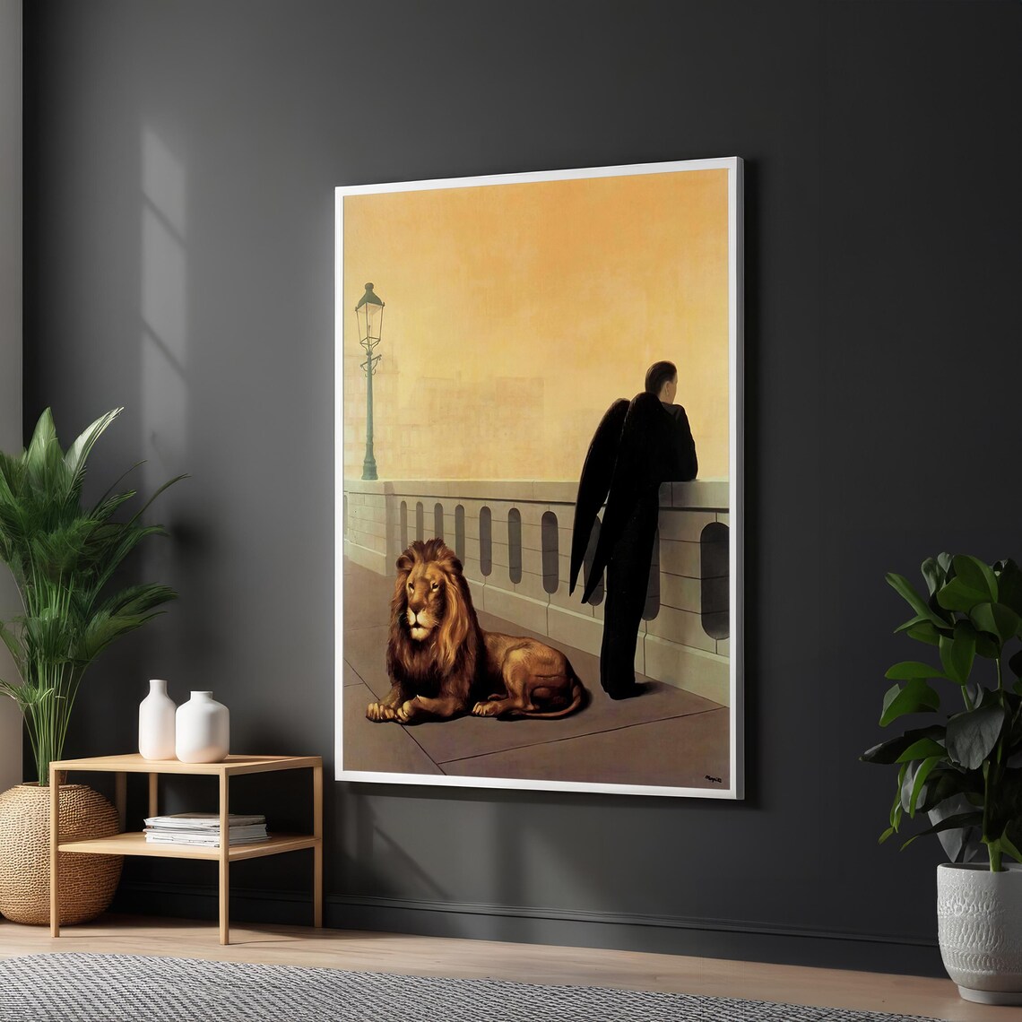 Surreal Dark Winged Angel Beside Lion On Foggy Bridge Poster