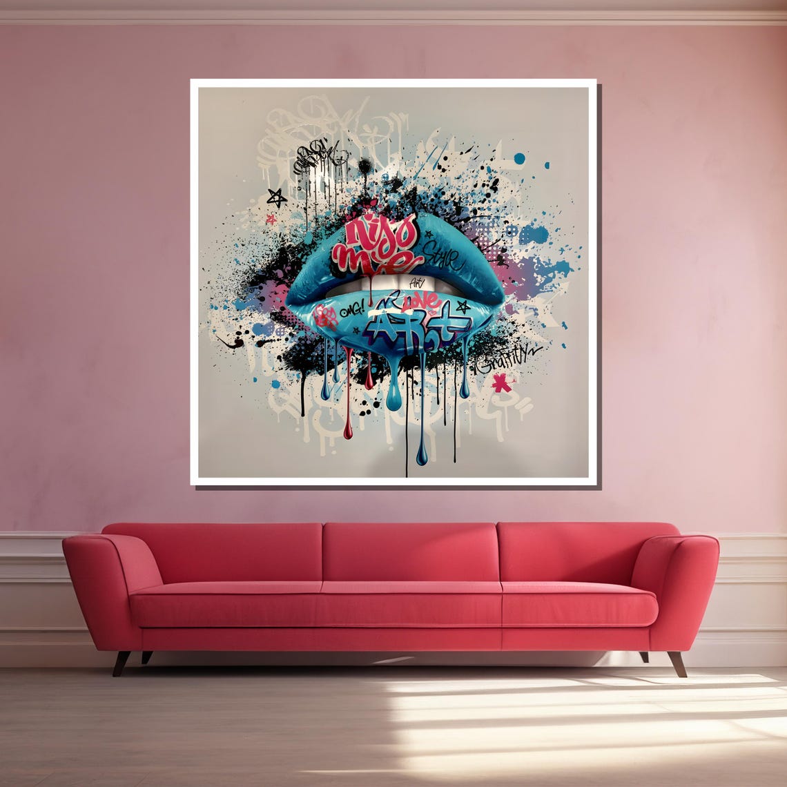 Bold Graffiti Lips Art Colorful Street Style Wall Decor Featuring Vibrant Blue Lips And Urban Pop Art Elements - Image 3