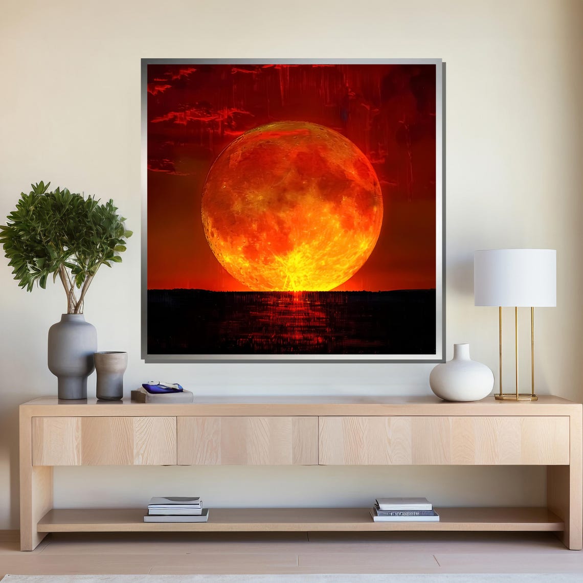Fiery Sunset Over Horizon Vibrant Sun Art With Dramatic Orange Sky For Modern Wall Decor - Image 4