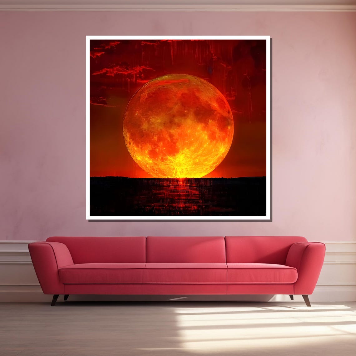Fiery Sunset Over Horizon Vibrant Sun Art With Dramatic Orange Sky For Modern Wall Decor - Image 3