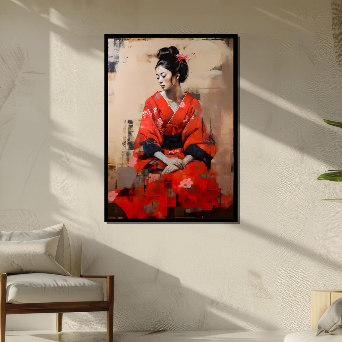 Seated Geisha In Red Kimono Soft Neutral Painterly Portrait Poster - Image 5