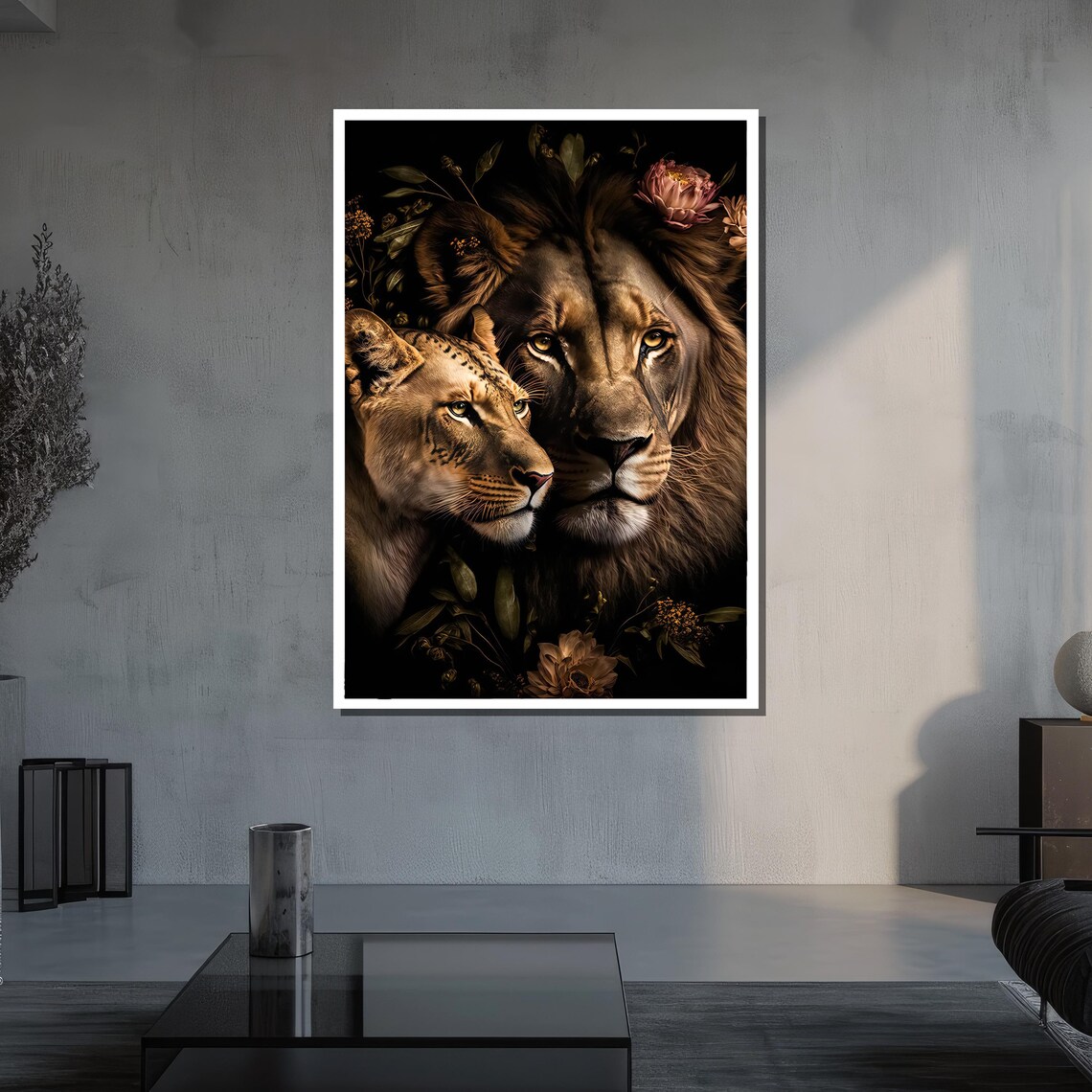 Lion and Lioness Close-Up With Dark Floral Background Art Poster - Image 3