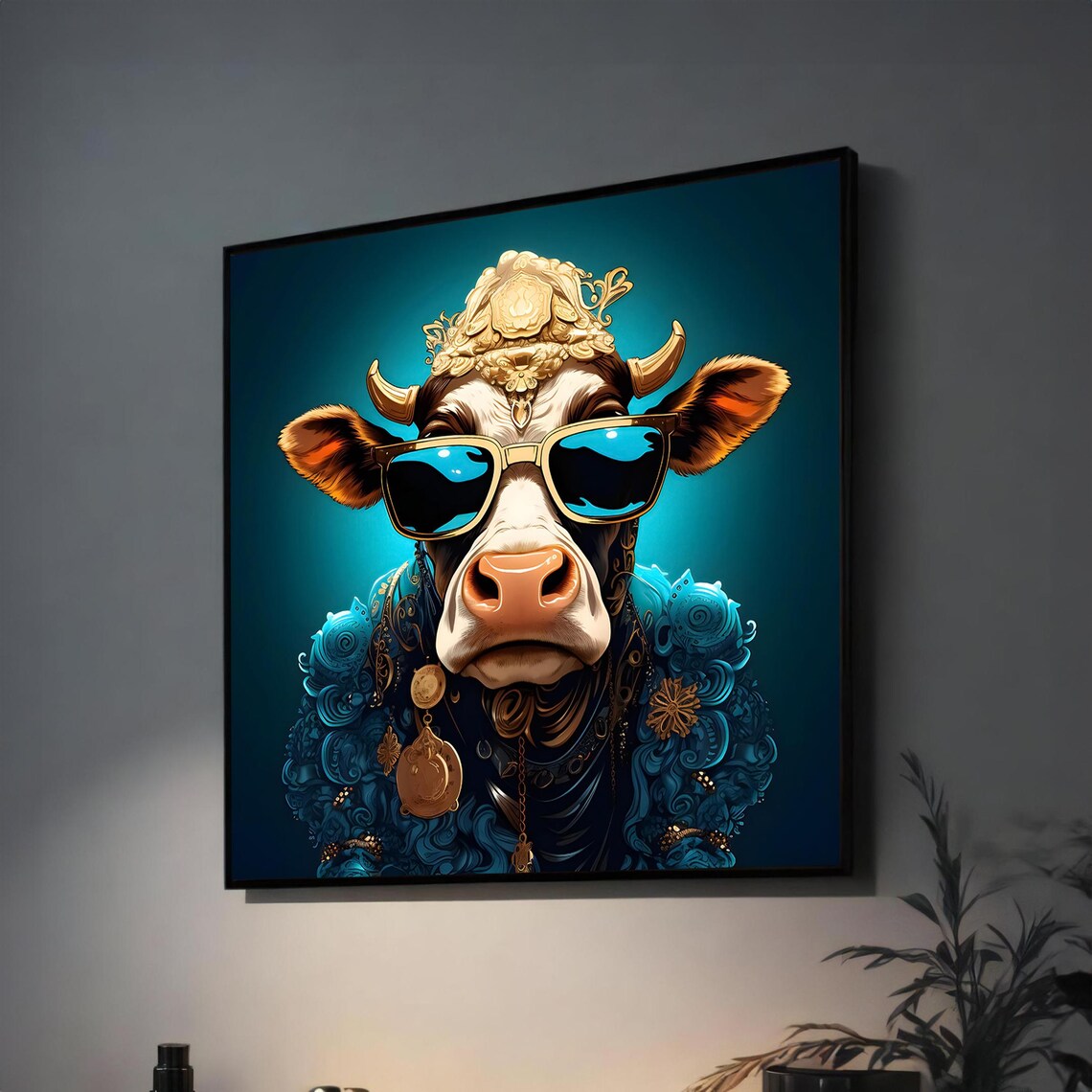 Funky Cow in Sunglasses Cool Animal Portrait Poster for Living Room