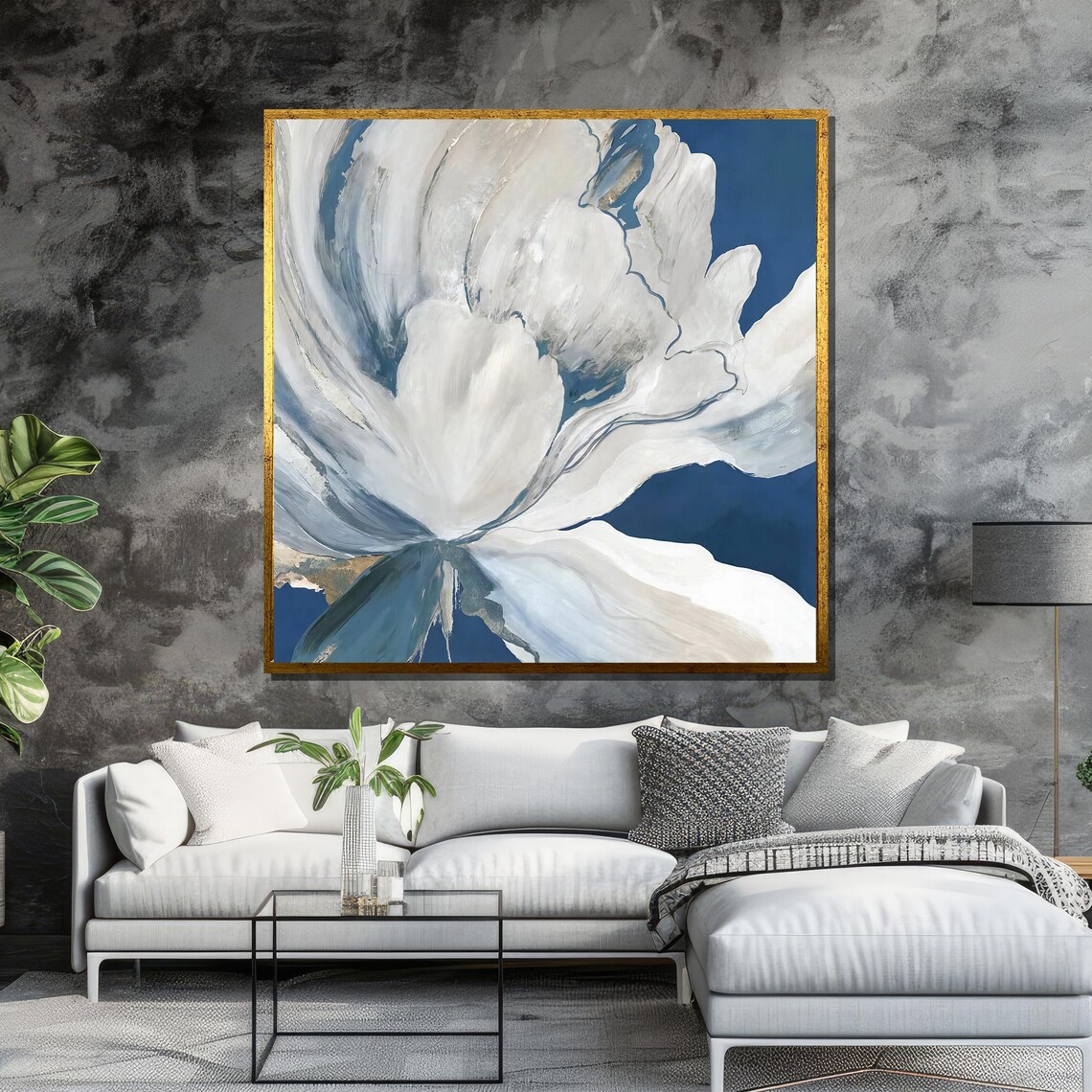 White Abstract Flower Against Deep Blue Modern Floral Art Poster - Image 6