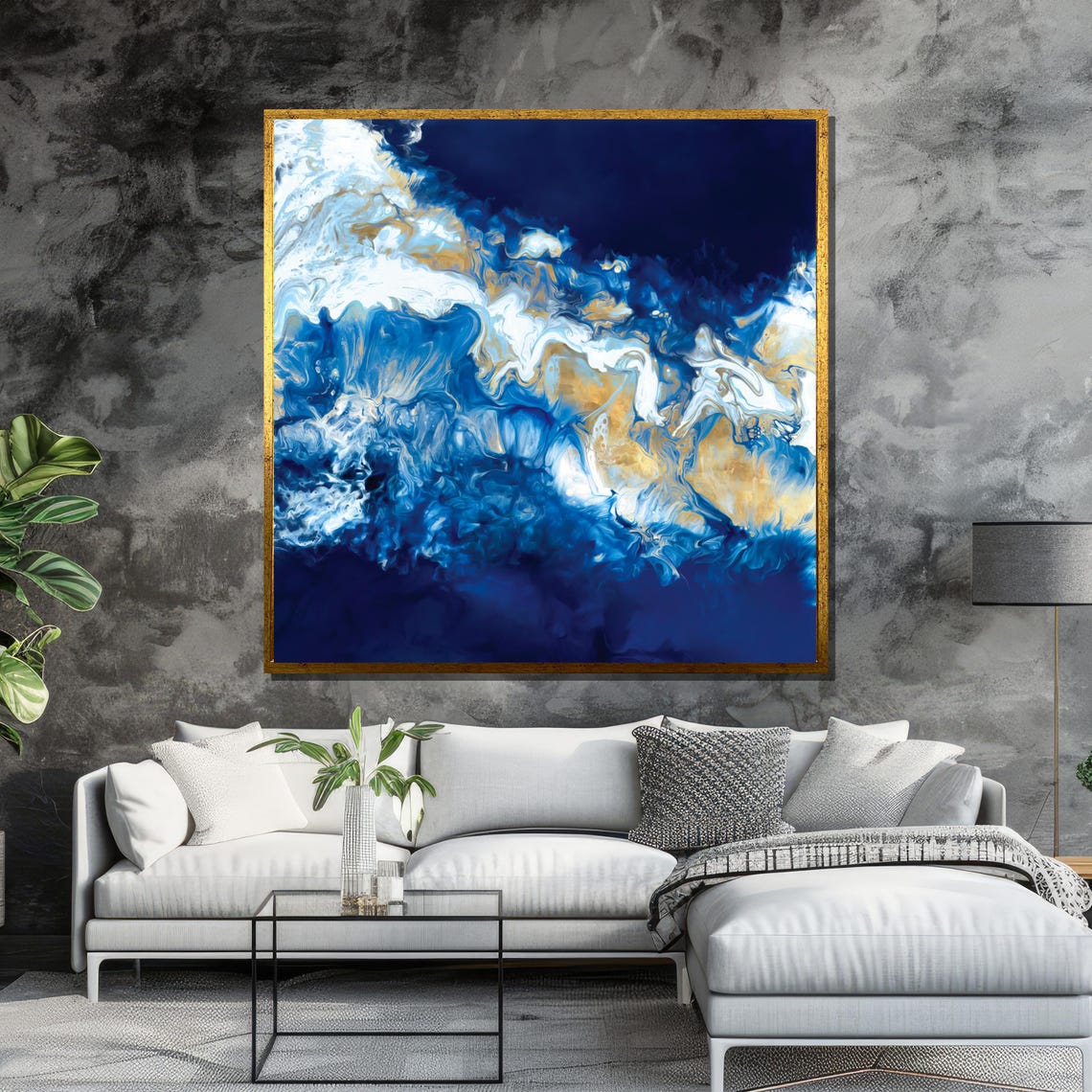 Abstract Navy Blue Gold and White Ocean Waves Fluid Art Poster - Image 6