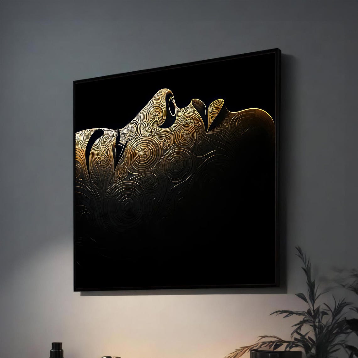 Golden Swirl Face Profile Black Background Abstract Art Poster