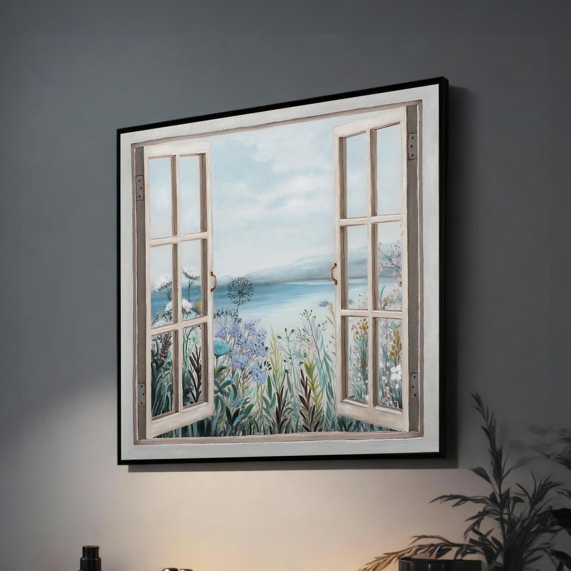 Open Window View of Coastal Wildflowers and Calm Sea Landscape Poster